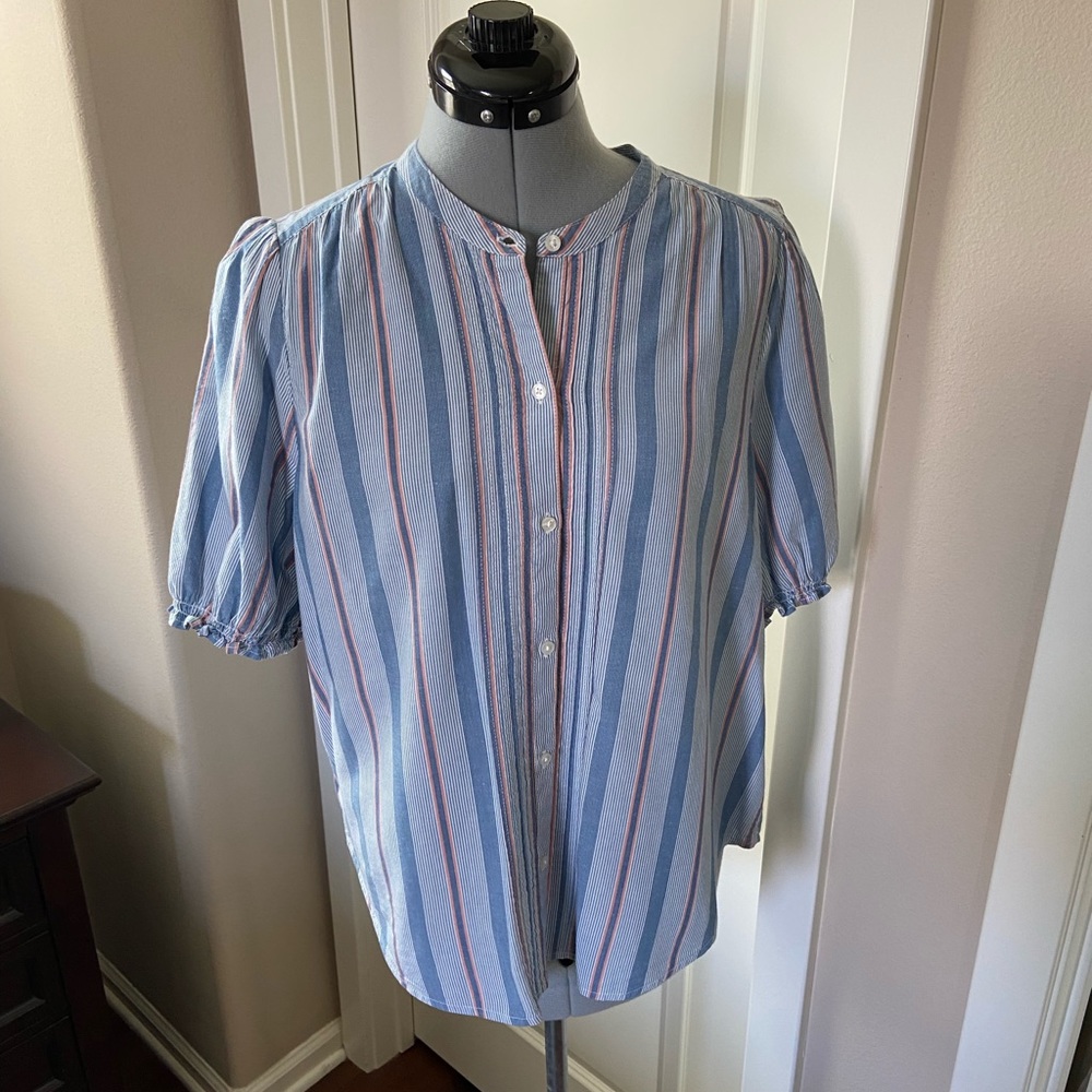 Lucky Brand Striped Blouse, Blue, White & Coral, Size L